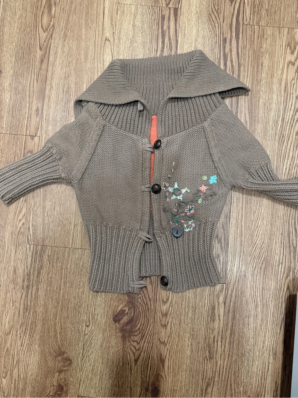Vintage Free People Taupe Chunky Knit Embroidered Cardigan Sweater XS